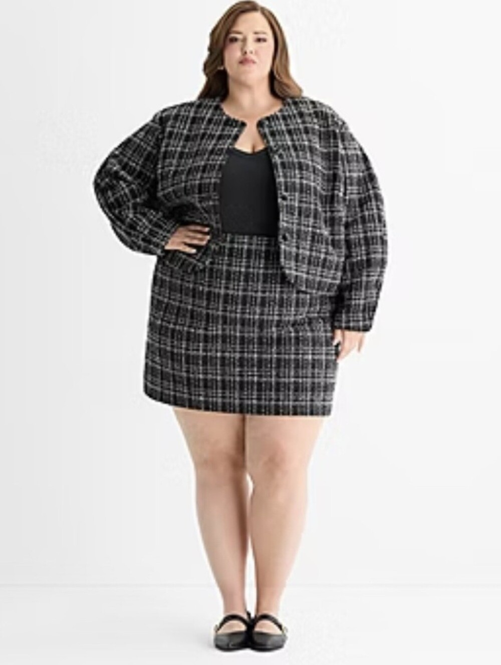 NWT Ashley Graham Plaid Tweed Boucle Jacket Black White Size 16W Plus Size